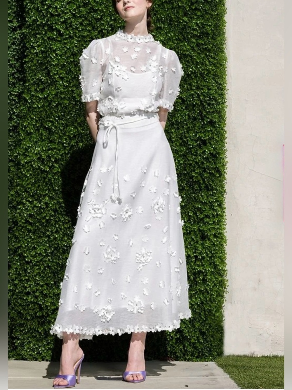 White Floral Appliqué Skirt Set with Tie Waist size L